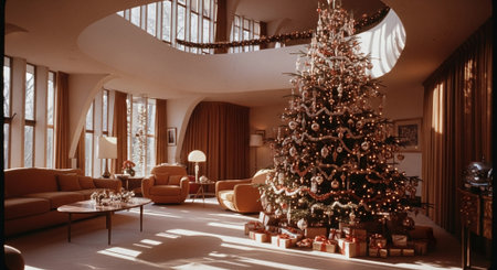A beautifully decorated living room features a large christmas tree with lights and ornaments, wrapped gifts, large windows for natural light, modern furniture, and festive decorationsの素材