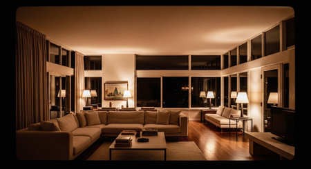 A modern living room with large windows, soft lighting, and minimalist furniture, featuring a sectional sofa, coffee table, and lampsの素材