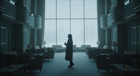A silhouette of a person standing in a spacious, modern lobby with large windows showing a snowy landscape outside, featuring elegant furniture and soft lightingの素材
