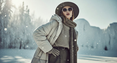 A fashionable woman in winter attire, wearing a stylish coat, sunglasses, and a scarf, standing in a snowy landscape with trees and mountains in the backgroundの素材