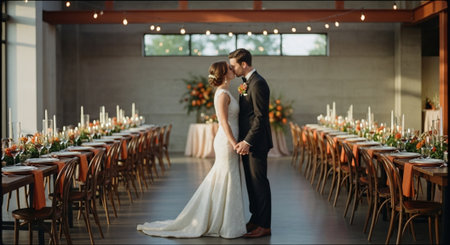 A couple in wedding attire sharing a kiss in a beautifully decorated reception hall with long tables and floral arrangementsの素材