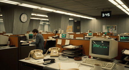 A vintage office scene featuring old computers, rotary phones, and a clock showing 3:45, with a person working in the backgroundの素材
