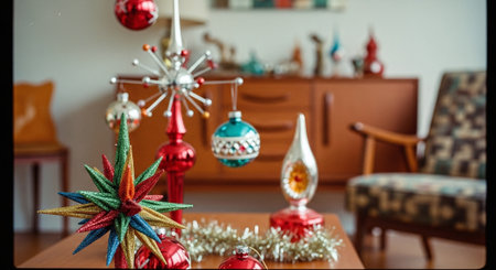 A festive arrangement of colorful Christmas ornaments and decorations on a table, with a vintage chair and a wooden cabinet in the backgroundの素材