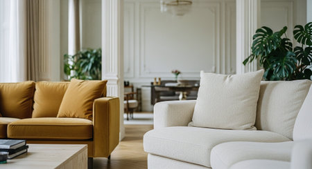 A stylish living room featuring a white sofa and a mustard yellow couch, with elegant decor and plants in the backgroundの素材