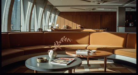 A stylish lounge area featuring a curved orange sofa, round coffee tables, and decorative items, with large windows allowing natural light to fill the spaceの素材