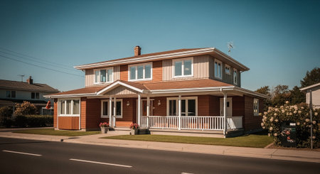 A modern two-story wooden house with a porch, surrounded by greenery and a clear blue skyの素材