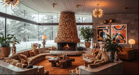 3D rendering of a modern living room with a large fireplace.の素材