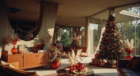 Vintage interior of living room with christmas tree and decorations.の素材