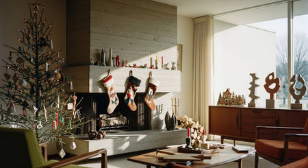 Interior of a modern living room with fireplace and christmas treeの素材