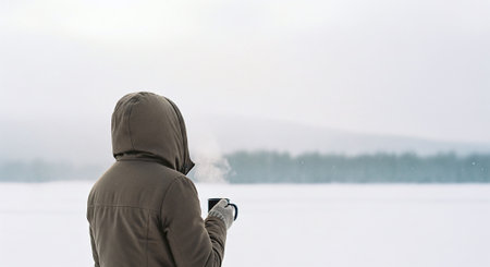 A person in a warm coat standing in a snowy landscape, holding a steaming mug, with a misty background of mountains and treesの素材