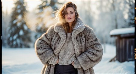 A woman in a luxurious fur coat standing in a snowy landscape, with trees in the background and sunlight creating a warm glowの素材