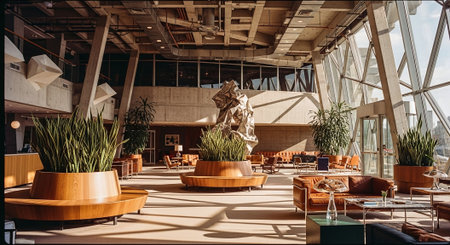 A modern interior of a spacious lounge with large windows, featuring stylish furniture, potted plants, and a contemporary sculptureの素材