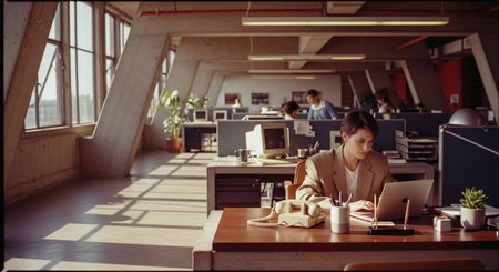 A modern office space with large windows, featuring a young professional working on a laptop at a desk, surrounded by other employees and plantsの素材
