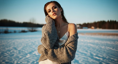 A young woman in a cozy sweater standing in a snowy landscape, with a serene expression and soft sunlight illuminating her faceの素材