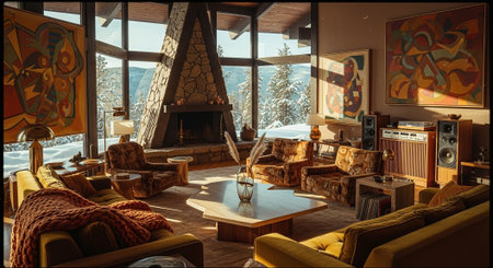 A cozy mid-century modern living room with large windows, showcasing a snowy landscape outside. The room features a stone fireplace, colorful abstract art on the walls, and vintage furniture.の素材