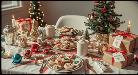 A festive holiday table setting with decorated cookies, mugs of hot cocoa, and a small Christmas tree, surrounded by gift boxes and ornamentsの素材