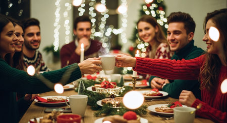 A festive gathering with friends sharing hot drinks at a beautifully decorated table, surrounded by holiday lights and decorationsの素材