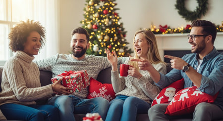 A group of friends celebrating Christmas together, sitting on a couch with festive decorations, exchanging gifts and enjoying hot drinks, smiling and laughingの素材