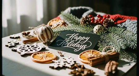 A festive arrangement featuring a happy Holidays card surrounded by decorative items like cinnamon sticks, dried orange slices, wooden snowflakes, and pine branchesの素材