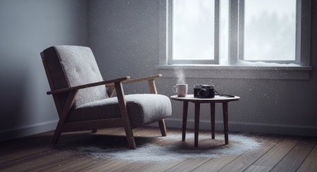 Cozy living room with wooden armchair, coffee cup and vintage cameraの素材