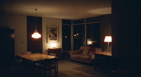A cozy, dimly lit living room with a dining table and chairs, a sofa, and lamps creating a warm ambianceの素材