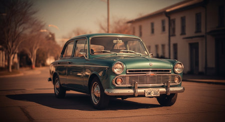 A vintage green sedan parked on a quiet street, showcasing classic car design with chrome accents and a sunny atmosphereの素材