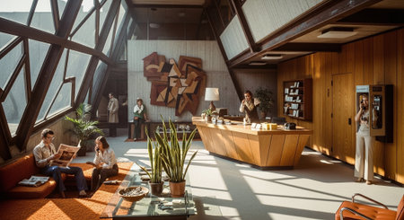 A modern office lobby with large windows, wooden accents, and a geometric art piece, featuring people engaged in various activitiesの素材