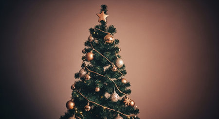 A beautifully decorated christmas tree with golden ornaments and a star on top, set against a neutral backgroundの素材