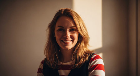 A young woman with blonde hair smiling warmly, wearing a striped shirt, soft lighting creating a cozy atmosphereの素材