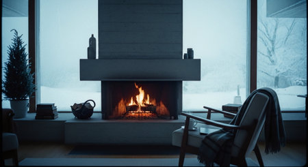 A cozy living room with a fireplace, snow outside, a chair, and a small Christmas treeの素材