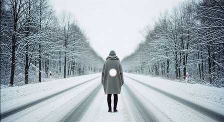 A person standing alone on a snowy road surrounded by trees, winter landscapeの素材
