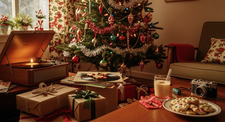 A cozy living room decorated for Christmas, featuring a beautifully adorned tree, a record player, and a plate of cookies with a glass of milkの素材