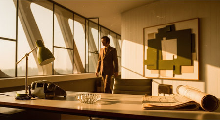 A stylish office interior with large windows, a man in a suit walking, a desk with a lamp, an ashtray, and blueprints, warm sunlight casting shadowsの素材