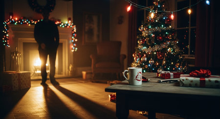 A cozy living room decorated for the holidays, featuring a beautifully lit Christmas tree, presents, and a warm fireplaceの素材