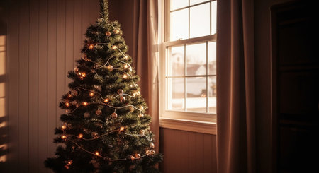 A beautifully decorated christmas tree with warm lights, placed near a window, creating a cozy atmosphereの素材