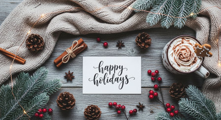A cozy holiday scene with a cup of hot chocolate topped with whipped cream, a happy holidays card, pine cones, cinnamon sticks, red berries, and evergreen branches on woodの素材