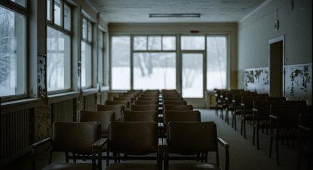 An empty classroom with rows of chairs, large windows showing a snowy landscape outside, a quiet and desolate atmosphereの素材