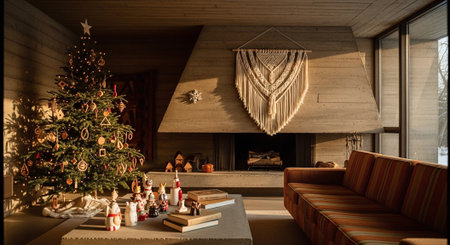 A cozy living room decorated for christmas, featuring a beautifully adorned christmas tree, a modern fireplace, and a colorful sofaの素材