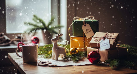 A cozy holiday scene featuring a white ceramic reindeer, wrapped gifts in green and gold, a mug of hot cocoa, and festive decorations on a wooden tableの素材