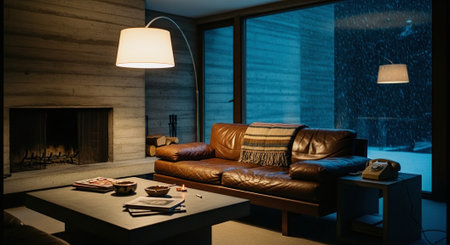 Interior of a modern living room with a brown leather sofa, a coffee table and a wall lamp.の素材