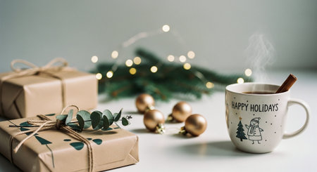 A cozy holiday scene featuring a cup of hot beverage with a cinnamon stick, surrounded by wrapped gifts, festive ornaments, and soft fairy lightsの素材