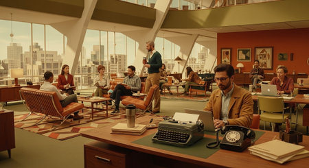 A vibrant office space with mid-century modern furniture, featuring people engaged in discussions and work, a man typing on a vintage typewriter, warm color paletteの素材
