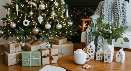 A cozy holiday scene featuring a decorated christmas tree, wrapped gifts, a cup of hot chocolate with whipped cream, and a vase with greenery on a wooden tableの素材