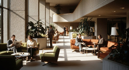 A modern office lobby with people engaged in various activities, including reading newspapers and conversing, surrounded by large plants and stylish furnitureの素材