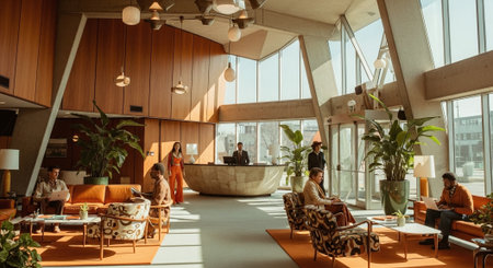 A modern lobby with large windows, featuring stylish furniture and indoor plants, people interacting and working, warm lightingの素材