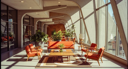 A modern interior space featuring orange furniture, large windows allowing natural light, and indoor plants, creating a vibrant and inviting atmosphereの素材