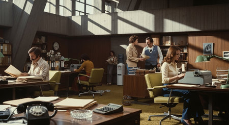 A vintage office scene from the 1970s, featuring several people engaged in work, with desks, typewriters, and large windows casting shadowsの素材