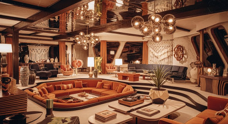 A stylish and modern living room featuring a circular seating area, vibrant orange and blue furniture, unique lighting fixtures, and artistic decor elementsの素材