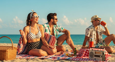 Three friends enjoying a beach picnic, wearing retro swimwear, sitting on a blanket with a picnic basket and a vintage radio, sunny day at the beachの素材