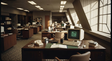 A vintage office interior with multiple desks, old computers, and large windows letting in natural lightの素材